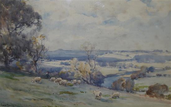 Owen Bowen, watercolour of sheep on the downs, 34 x 49cms